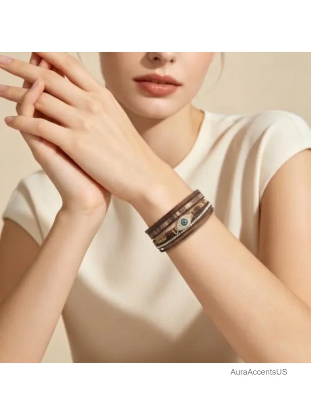 Layered Leather Wrap Bracelets for Women Boho Evil Eye Rhinestone Stackable